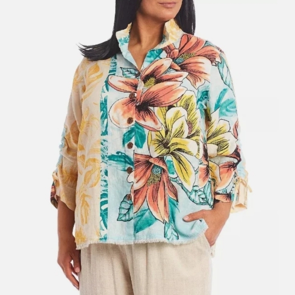 John Mark Artsy Boho Wire Collar Raw Hem Pull Sleeve Linen Tunic Top Size Small
